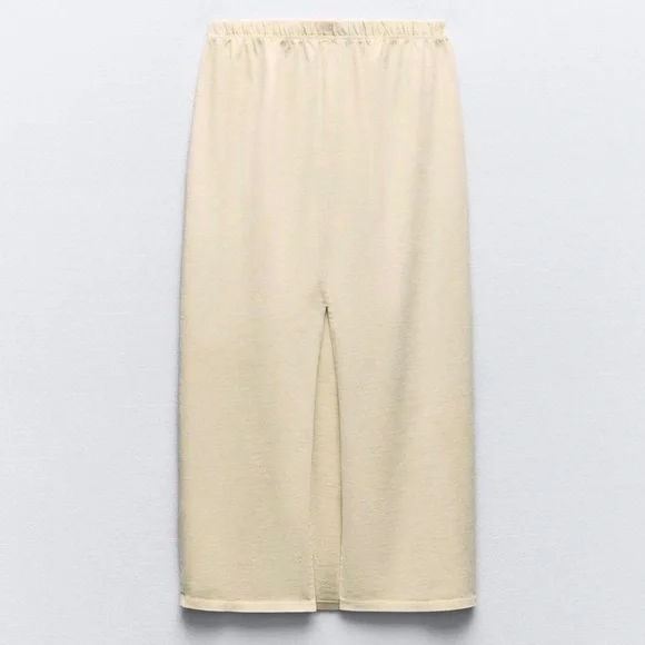 Zara NWT Butter Yellow thick 100% Cotton midi elastic waistband casual Skirt - Picture 2 of 5